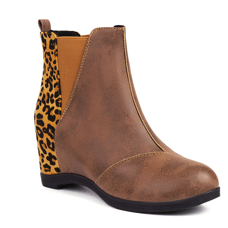 Leopard Print Patchwork Seam Retro Wedge Ankle Boots