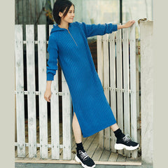 Aesthetic blue Sweater outfits plus size tunic hooded side open knit dress