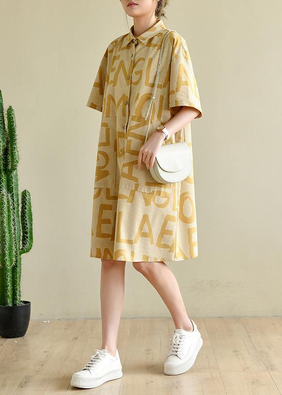 Casual Yellow Cinched Peter Pan Collar Cotton Dress Graphic Dress