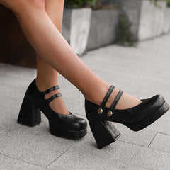 Two Instep Straps Buckles Square Toe Solid Plain Chunky Heels