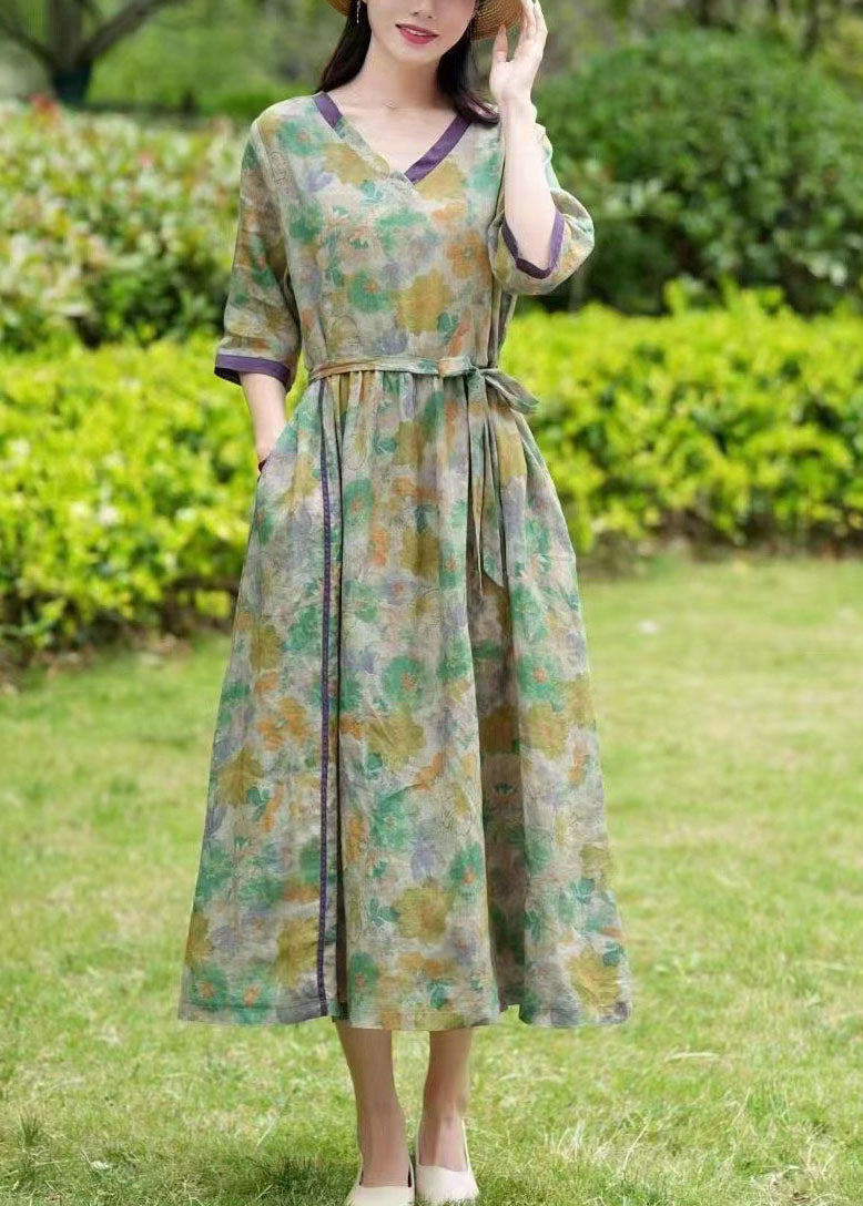 Green Print Pockets Patchwork Linen Dress Tie Waist Summer