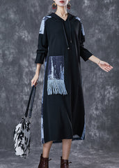 Art Black Tasseled Patchwork Tie Dye Cotton Loose Sweatshirt Dress Fall