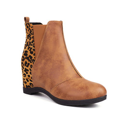 Leopard Print Patchwork Seam Retro Wedge Ankle Boots