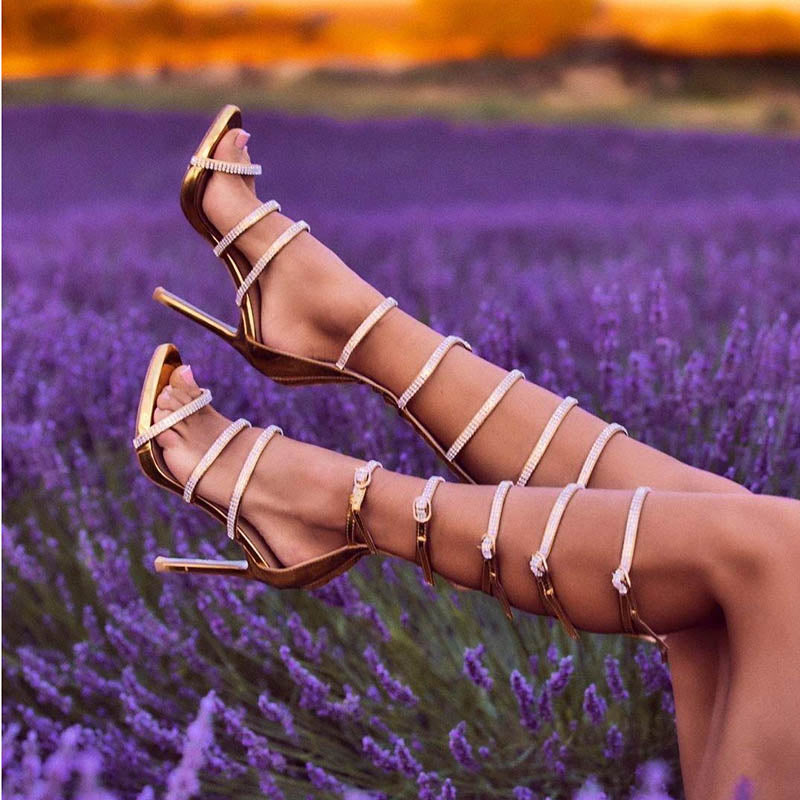 Gold Strappy Stiletto Heels Women's Rhinestones Sandal Evening Shoes