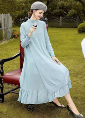 Light Blue Patchwork Woolen Dress Wrinkled Stand Collar Fall