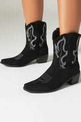 Faux Suede Stitching Totem Embroidery Square Toe Mid Calf Cowgirl Boots