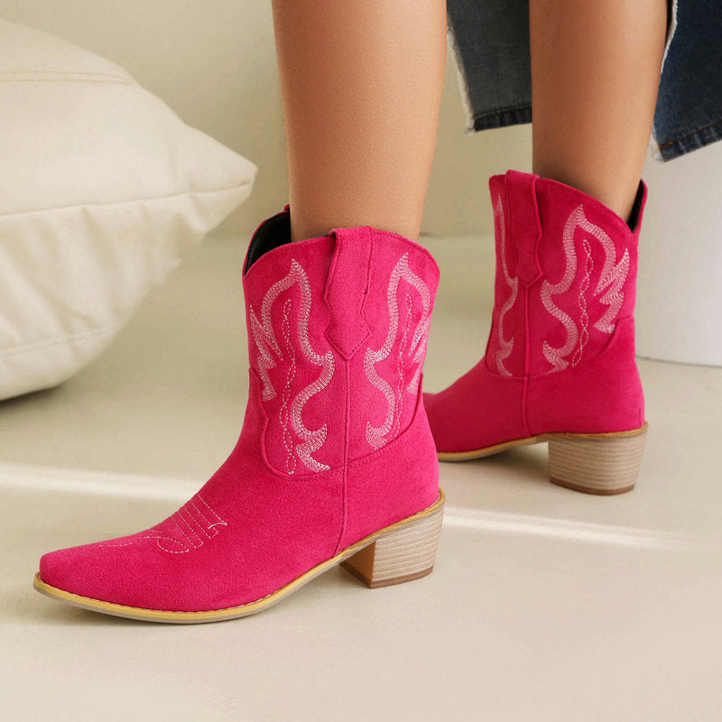 Faux Suede Stitching Totem Embroidery Square Toe Mid Calf Cowgirl Boots