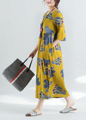 100% yellow prints linen dress Boho Catwalk high waist summer Dresses