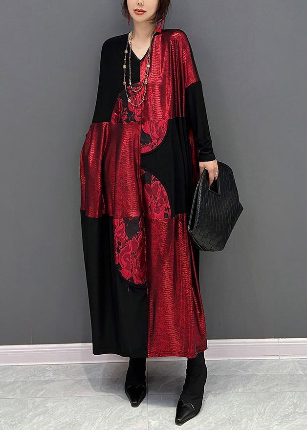 Casual Red Black V Neck Print Patchwork Cotton Long Dress Fall