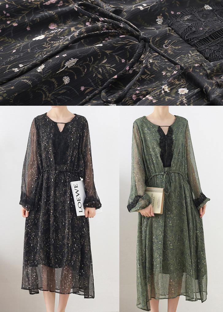 Fine Black Print Chiffon Tie Waist Summer Long Dresses