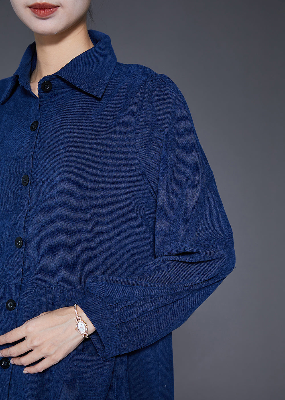 Plus Size Navy Button Down Pockets Corduroy Dress Fall