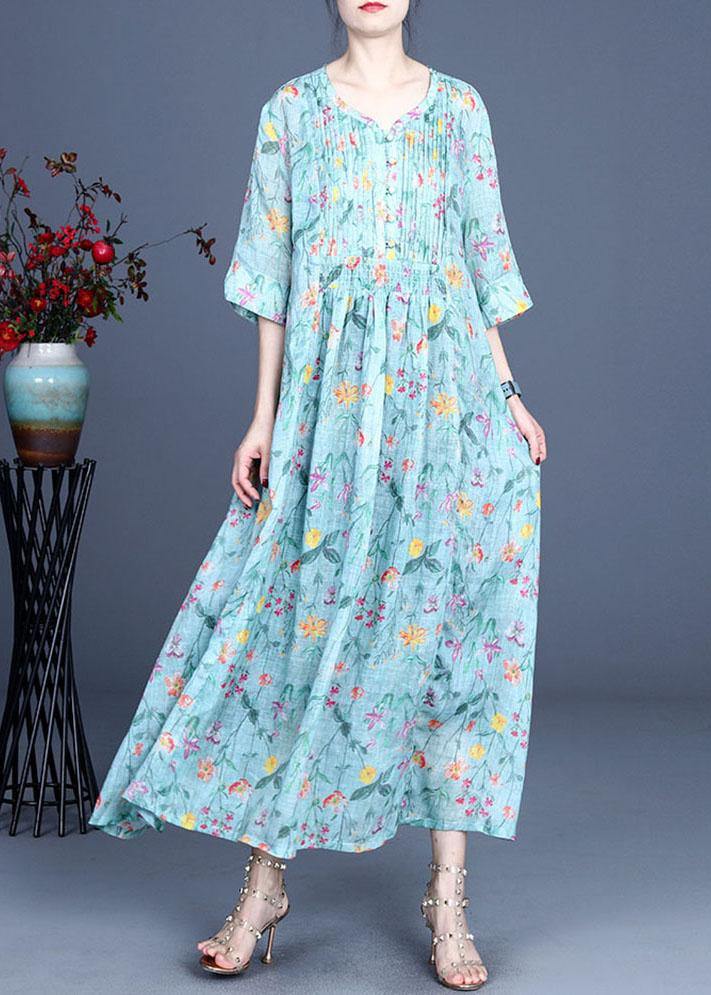 Italian Green Print Cinched Summer Ramie Summer Dresses