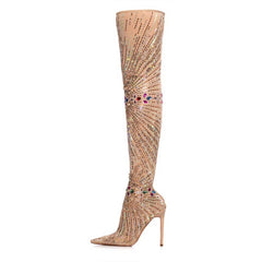 Pointy Toe Stiletto Crystal & Rhinestone Thigh High Boots in Nude