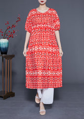 Simple Red O-Neck Ruffled Print Silk Holiday Dress Summer