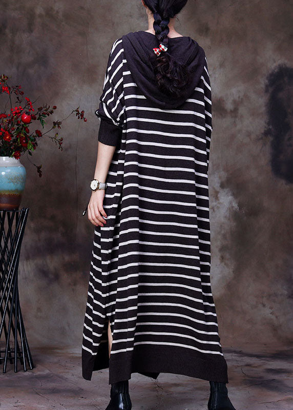 Elegant coffee drawstring Hooded Striped Knit Long Dresses