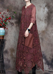 Modern Coffee Button Embroideried asymmetrical design Fall Vacation Dresses Long sleeve