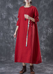 Unique Red Oversized Patchwork Chinese Button Linen Long Dress Spring