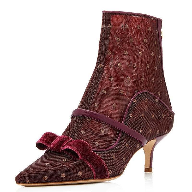 Maroon Mesh Dots Bow Kitten Heel Boots