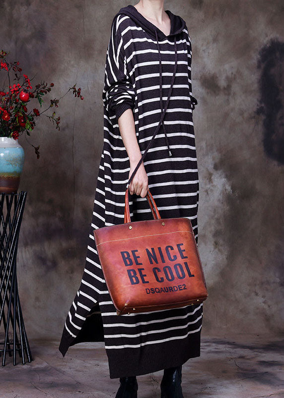 Elegant coffee drawstring Hooded Striped Knit Long Dresses