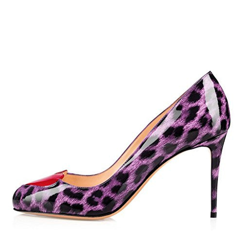 Women's Purple Patent Leather Heart Decoration Stiletto Heel Pumps Leopard Print Heels