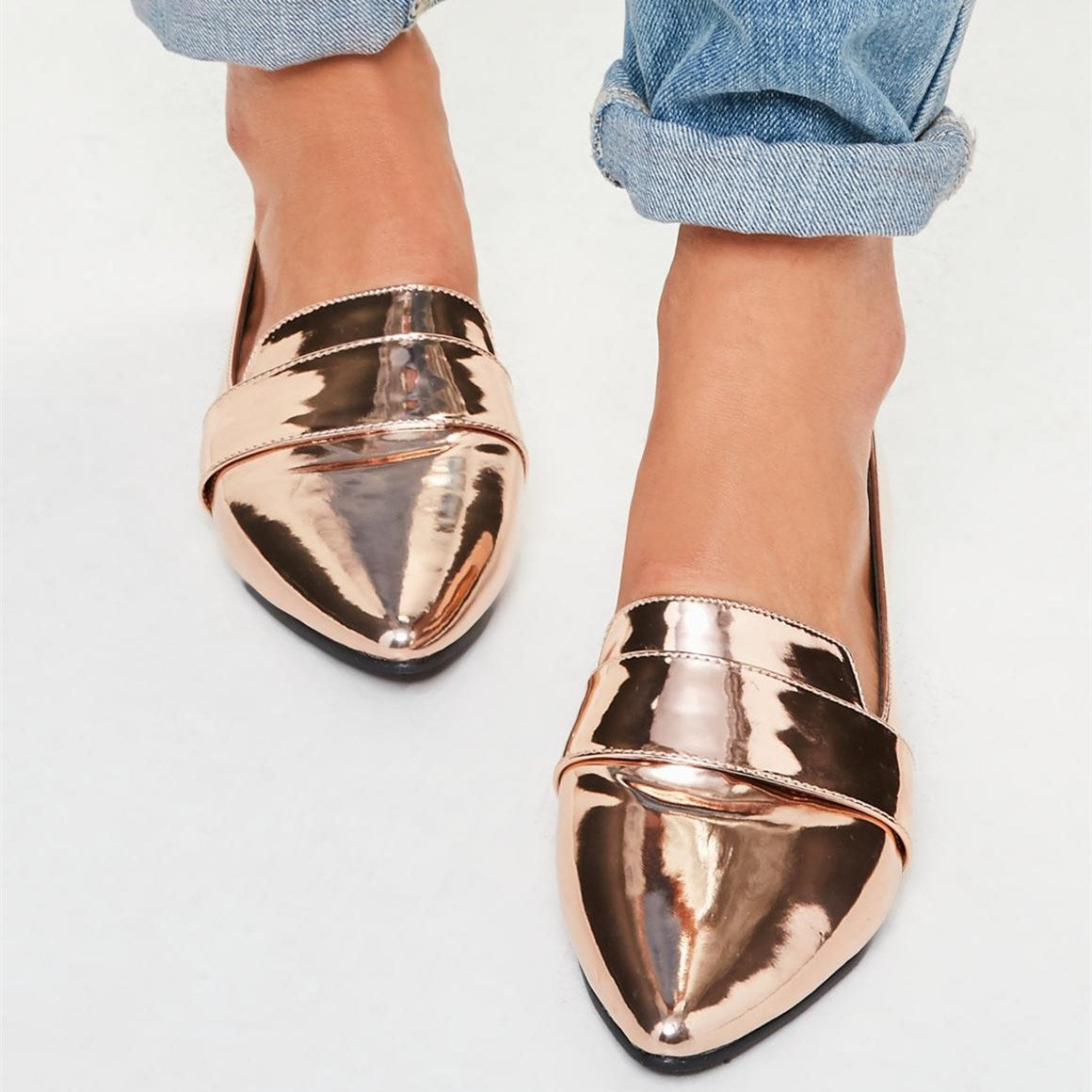 Rose Gold Metallic Slip-on Pointed Toe Flat Women's Loafers