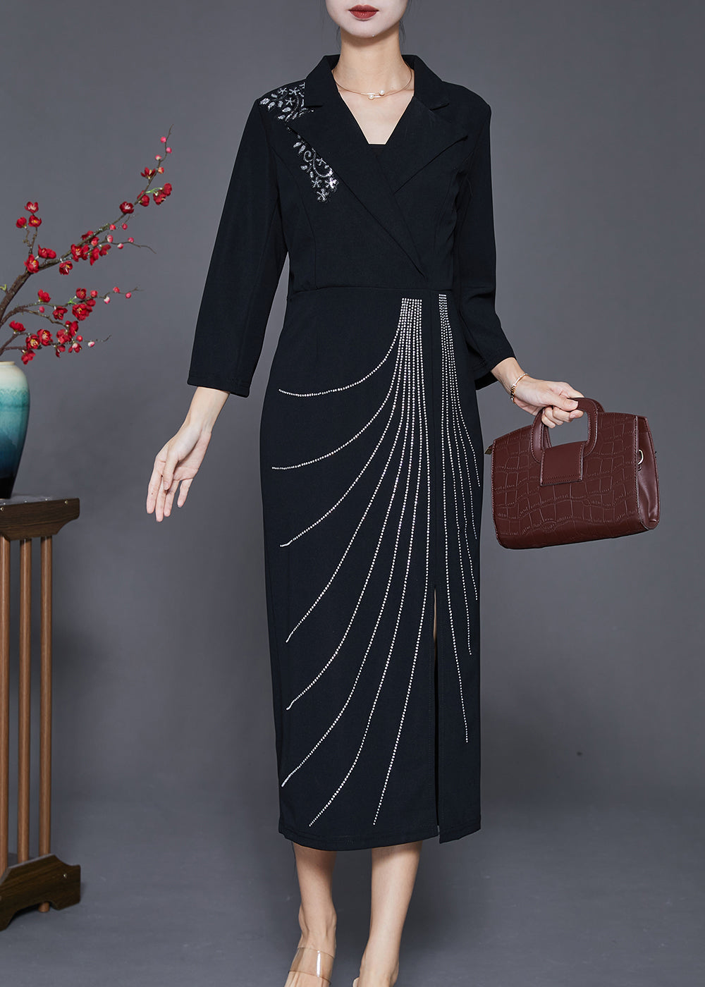 Black Silm Fit Cotton Long Dresses Notched Collar Fall