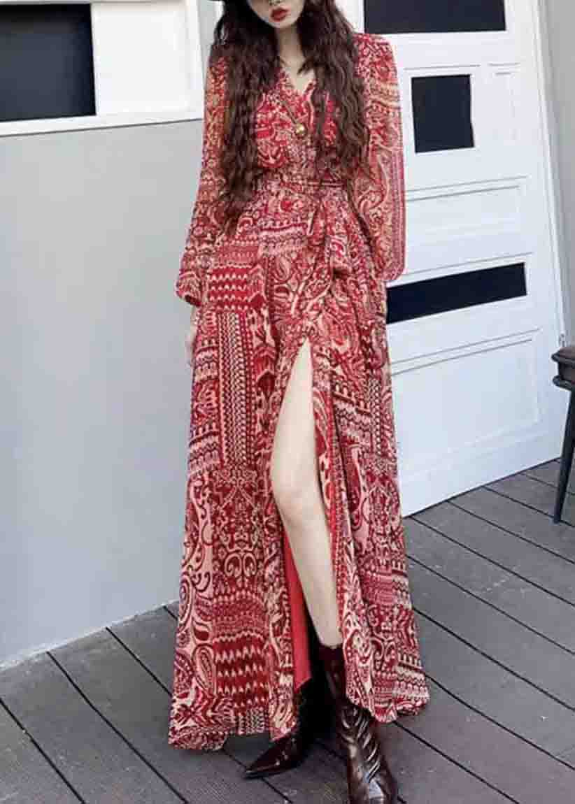 Fashion Wine Red V Neck Print Side Open Patchwork Long Dresses Fall