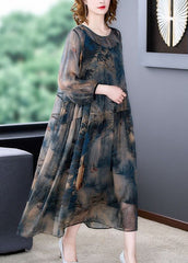 Italian Blue O-Neck Wrinkled Print Patchwork Silk Dress Two Pieces Set Summer