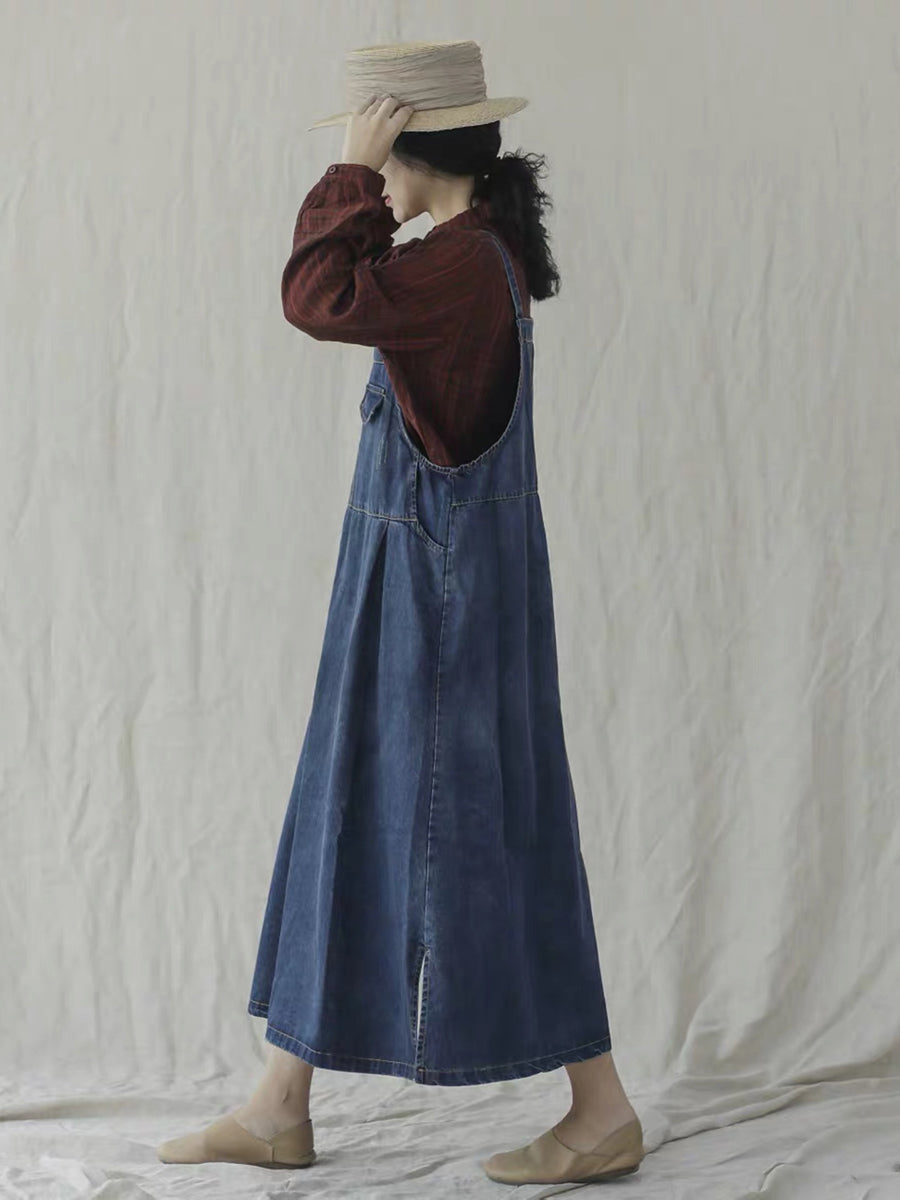 Women Spring Vintage Solid Pocket Overall Dress