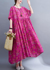 Elegant Rose Print Patchwork Cotton Cozy Long Dress Short Sleeve