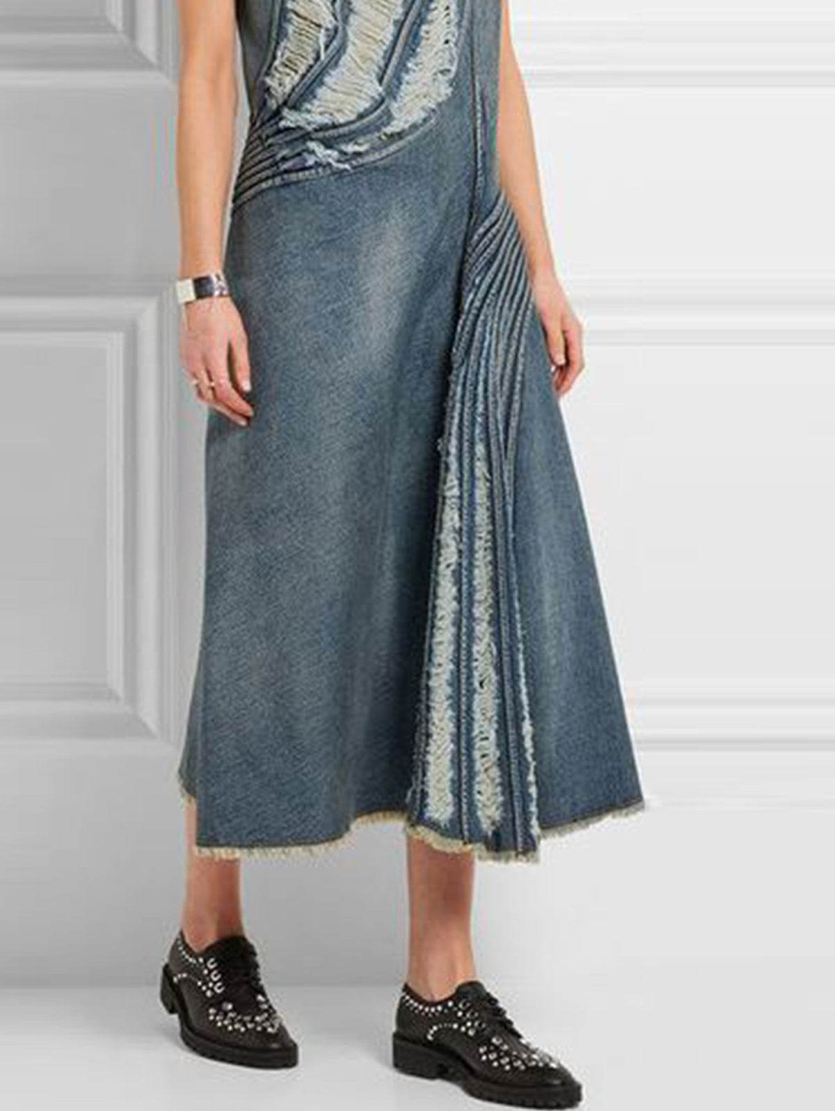 Fashion Ripped Sleeveless Raw Hem Midi Denim Dress