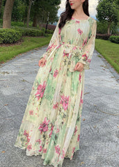 Yellow Tie Waist Chiffon Maxi Beach Dresses Long Sleeve