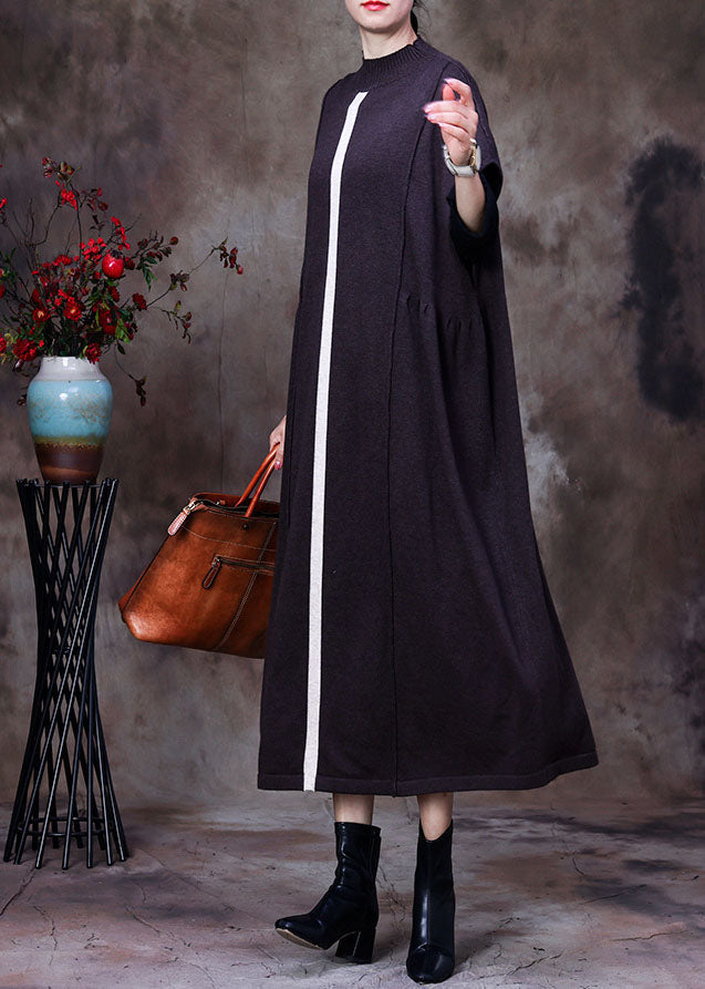 DIY Coffee Wool Knit Patchwork Fall Bat wing Sleeve Dresses