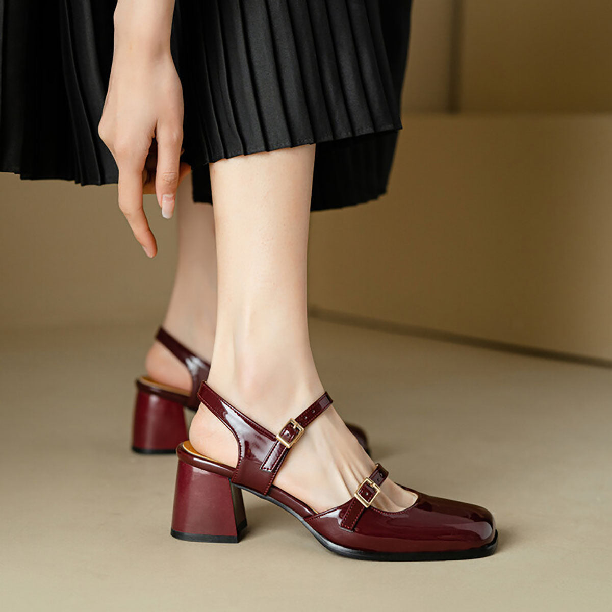 Patent Leather Straps Slingback Square Toe Chunky Heels