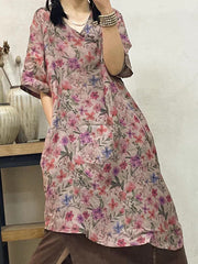 Wome Vintage Floral Button Irreguar Hem Dress