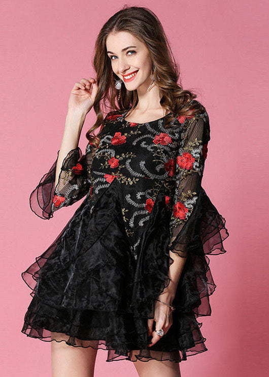 Art Black Embroideried Patchwork Organza Mini Dresses Flare Sleeve