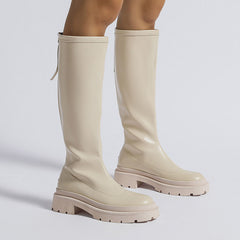 Zip Up Plain Round Toe Chunky Knee High Boots