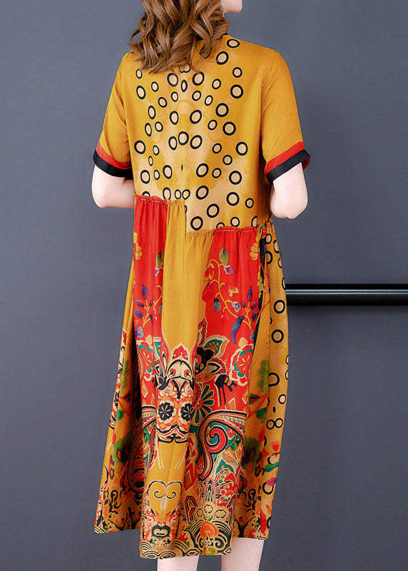 Modern Yellow Stand Collar Asymmetrical Wrinkled Silk Shirt Dresses Short Sleeve