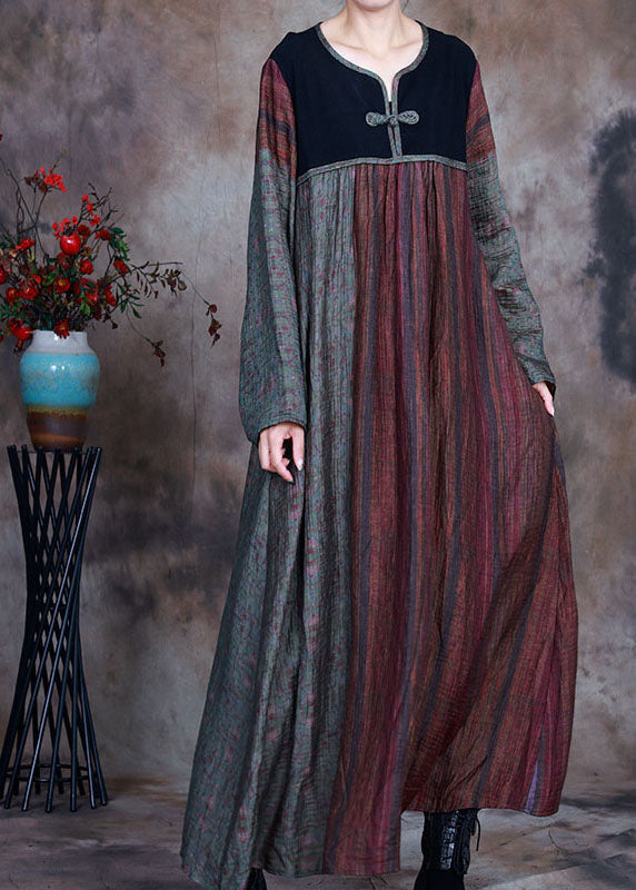 Bohemian Red Green retro Patchwork Print Fall Long sleeve Long Dresses