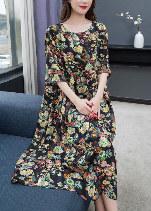 New Floral O Neck Wrinkled Patchwork Chiffon Dress Summer