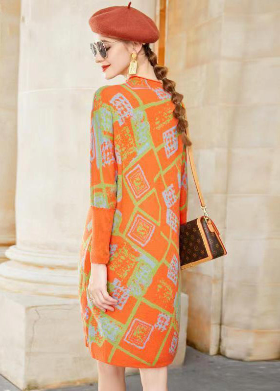 Modern Orange Stand Collar Jacquard Patchwork Woolen Dress Winter