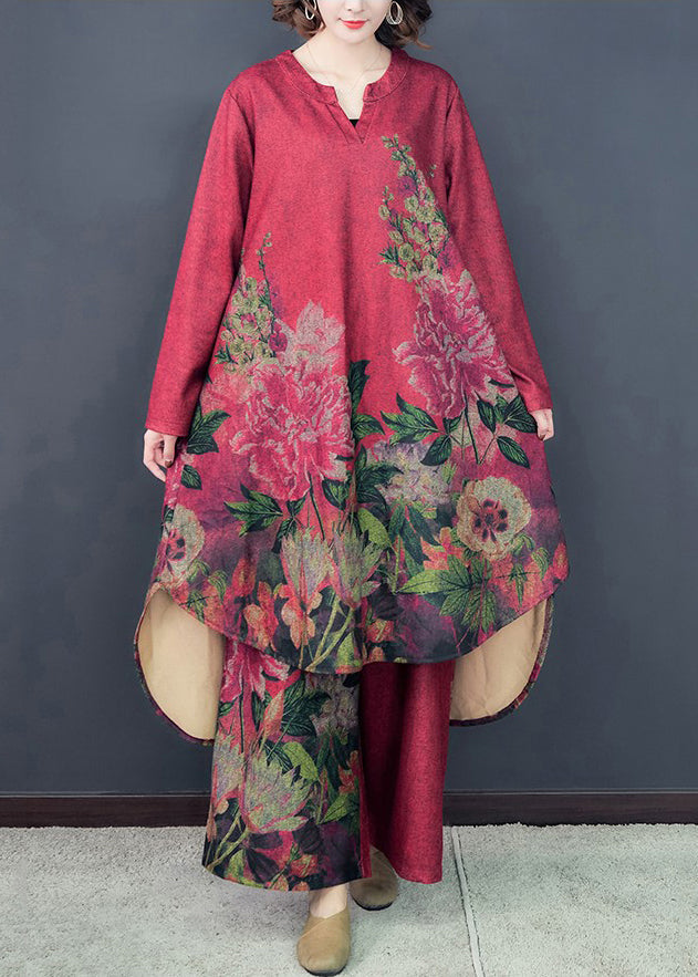 Loose Red Asymmetrical Print Silk Dress And Wide Leg Pants Two Pieces Set