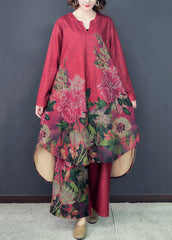 Loose Red Asymmetrical Print Silk Dress And Wide Leg Pants Two Pieces Set