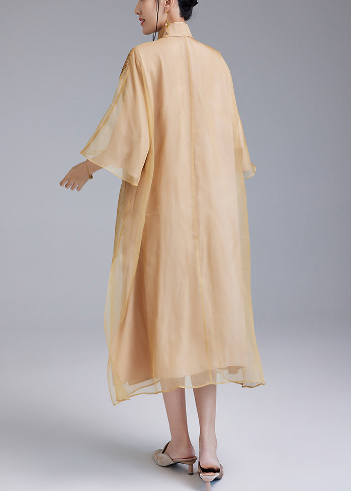 Loose Yellow Embroidered Button Silk Dress Flare Sleeve