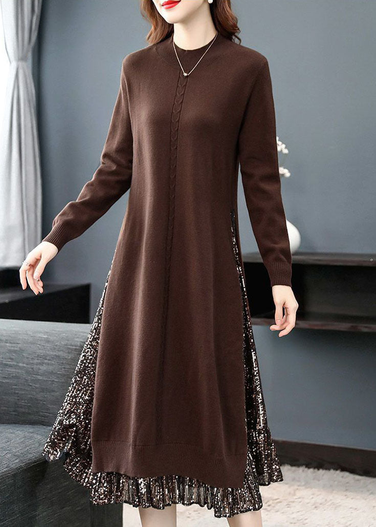 French Coffee Turtle Neck Patchwork Sequins Knit Long Sweater Dress Long Sleeve