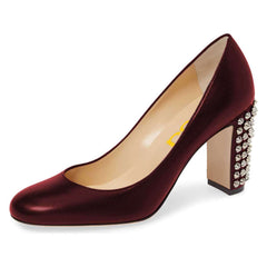 Maroon Almond Toe Studs Chunky Heels Pumps