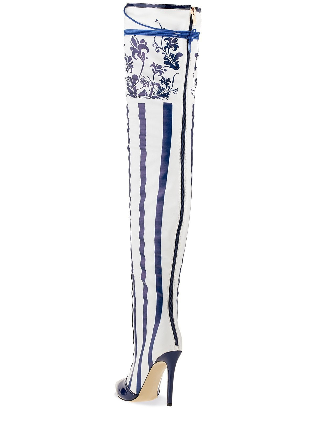 white and Navy Stripes Floral Thigh High Lace Up Boots