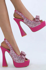 Rhinestone Bow Platform Square Toe Chunky Heels