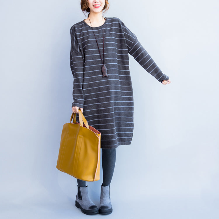 2021 autumn gray casual knit dresses plus size striped sweater dress