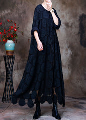 Comfy Navy O-Necktie waist Lace  Fall Long sleeve Holiday Dress